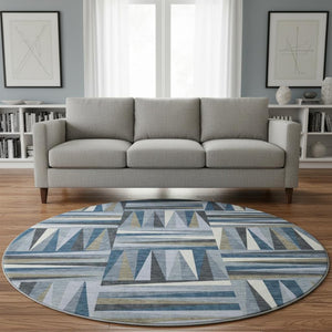 HomeRoots 8' Stylish Denim Blue, Ivory & Taupe Geometric Washable Round Rug with UV Protection & Durability 679411