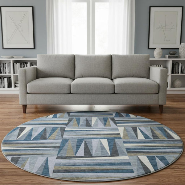 HomeRoots 8' Stylish Denim Blue, Ivory & Taupe Geometric Washable Round Rug with UV Protection & Durability 679411