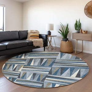 HomeRoots 8' Stylish Denim Blue, Ivory & Taupe Geometric Washable Round Rug with UV Protection & Durability 679411