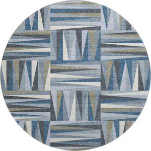 HomeRoots 8' Stylish Denim Blue, Ivory & Taupe Geometric Washable Round Rug with UV Protection & Durability 679411