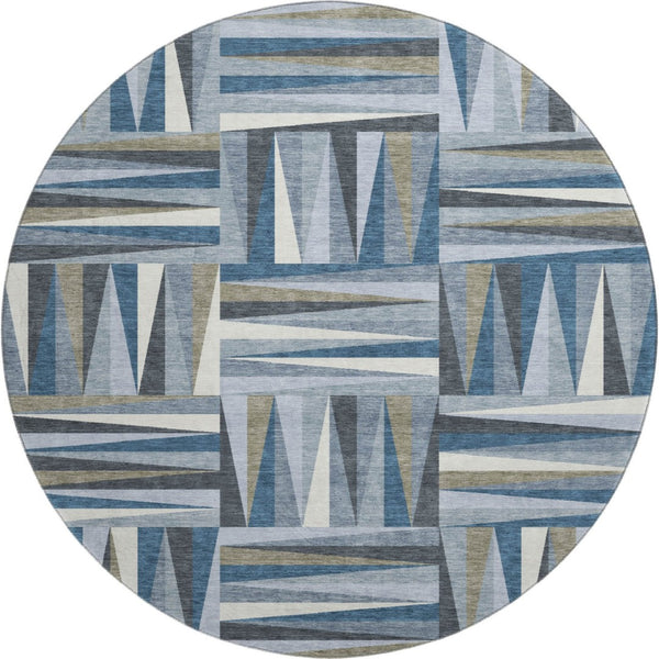 HomeRoots 8' Stylish Denim Blue, Ivory & Taupe Geometric Washable Round Rug with UV Protection & Durability 679411