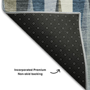 HomeRoots 8' Stylish Denim Blue, Ivory & Taupe Geometric Washable Round Rug with UV Protection & Durability 679411