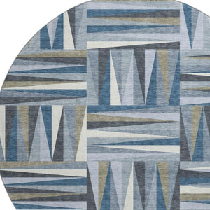 HomeRoots 8' Stylish Denim Blue, Ivory & Taupe Geometric Washable Round Rug with UV Protection & Durability 679411