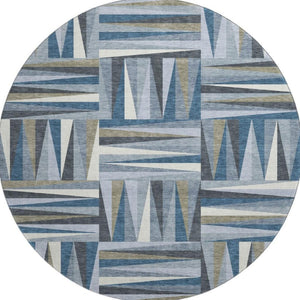 HomeRoots 8' Stylish Denim Blue, Ivory & Taupe Geometric Washable Round Rug with UV Protection & Durability 679411