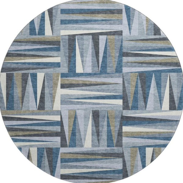 HomeRoots 8' Stylish Denim Blue, Ivory & Taupe Geometric Washable Round Rug with UV Protection & Durability 679411