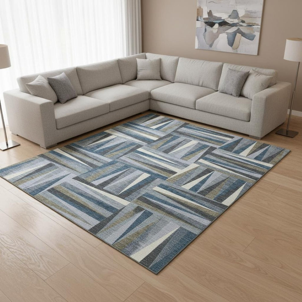 HomeRoots 8' X 10' Denim Blue Ivory Taupe Geometric Area Rug - Stylish, Washable, Stain-Resistant & UV Protected 679412