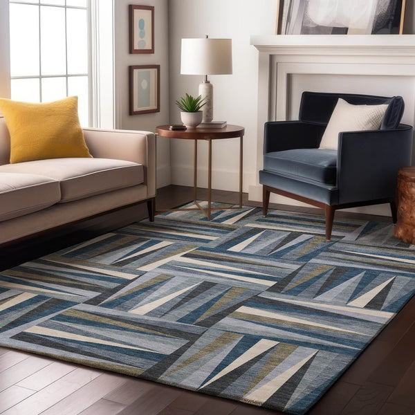 HomeRoots 8' X 10' Denim Blue Ivory Taupe Geometric Area Rug - Stylish, Washable, Stain-Resistant & UV Protected 679412