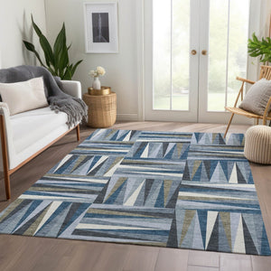 HomeRoots 8' X 10' Denim Blue Ivory Taupe Geometric Area Rug - Stylish, Washable, Stain-Resistant & UV Protected 679412