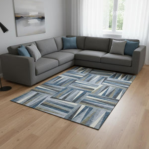 HomeRoots 9' X 12' Denim Blue, Ivory & Taupe Geometric Area Rug - Washable, UV-Protected & Pet-Friendly Design 679413