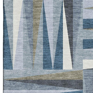 HomeRoots 9' X 12' Denim Blue, Ivory & Taupe Geometric Area Rug - Washable, UV-Protected & Pet-Friendly Design 679413