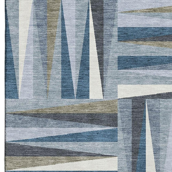 HomeRoots 9' X 12' Denim Blue, Ivory & Taupe Geometric Area Rug - Washable, UV-Protected & Pet-Friendly Design 679413