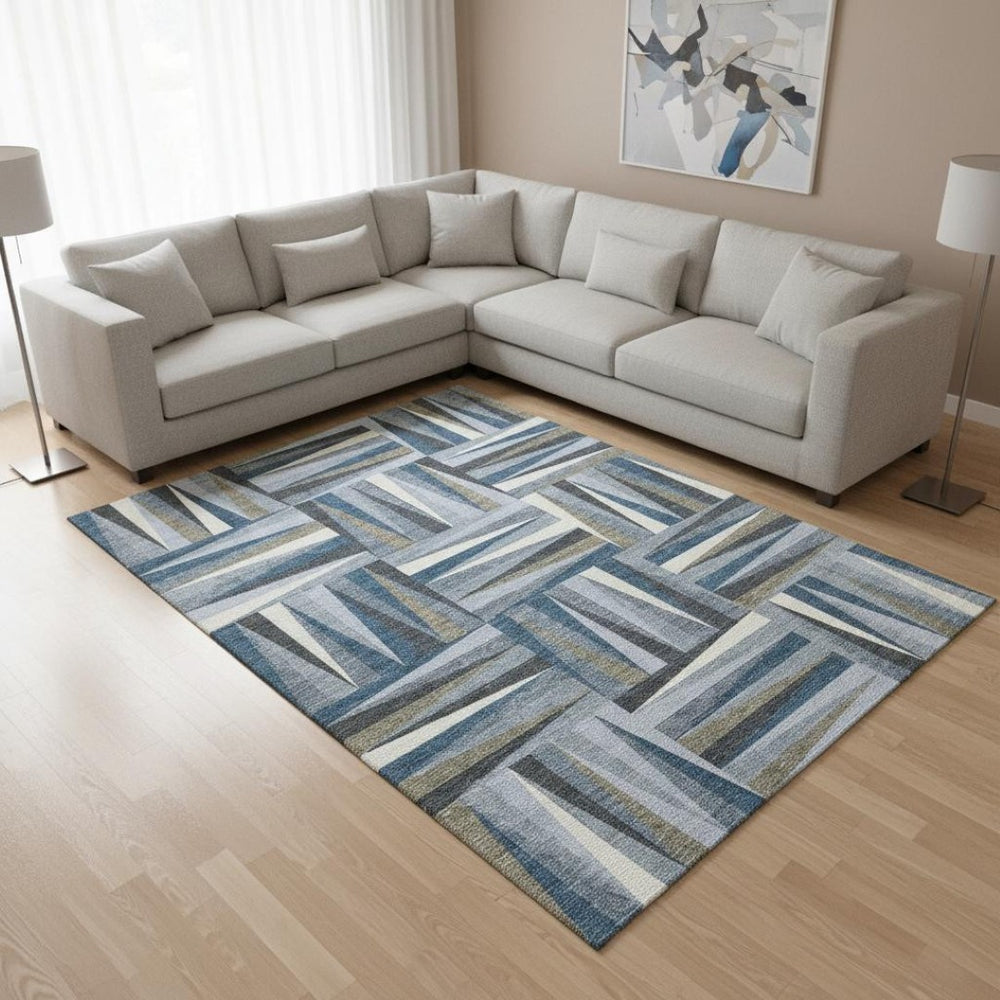 HomeRoots 10' Denim Blue Geometric Area Rug - UV Protected, Stain-Resistant, Soft, and Easy Care for Modern Spaces 679414
