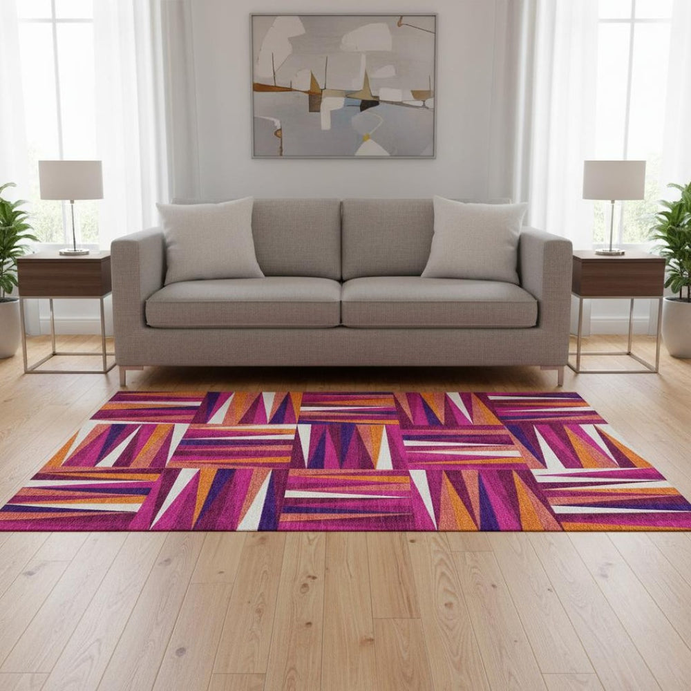 HomeRoots 5' X 8' Washable Burgundy, Purple & Orange Geometric Area Rug with UV Protection for Busy Homes 679416
