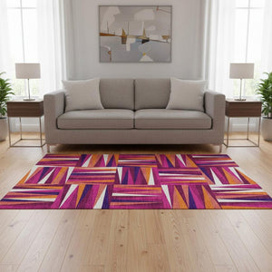HomeRoots 5' X 8' Washable Burgundy, Purple & Orange Geometric Area Rug with UV Protection for Busy Homes 679416