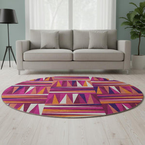 HomeRoots 8' Burgundy, Purple & Orange Geometric Round Rug - Washable, UV Protected, Stain-Resistant Style! 679417