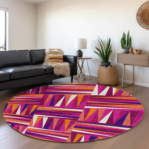 HomeRoots 8' Burgundy, Purple & Orange Geometric Round Rug - Washable, UV Protected, Stain-Resistant Style! 679417