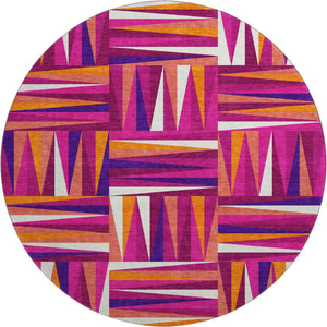 HomeRoots 8' Burgundy, Purple & Orange Geometric Round Rug - Washable, UV Protected, Stain-Resistant Style! 679417
