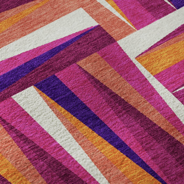 HomeRoots 8' Burgundy, Purple & Orange Geometric Round Rug - Washable, UV Protected, Stain-Resistant Style! 679417