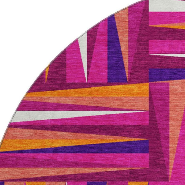HomeRoots 8' Burgundy, Purple & Orange Geometric Round Rug - Washable, UV Protected, Stain-Resistant Style! 679417