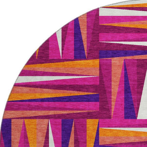 HomeRoots 8' Burgundy, Purple & Orange Geometric Round Rug - Washable, UV Protected, Stain-Resistant Style! 679417