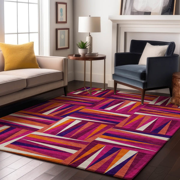 HomeRoots 9' X 12' Bold Burgundy, Purple & Orange Geometric Area Rug - Washable with UV Protection & Durability 679419
