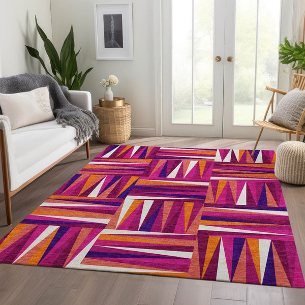 HomeRoots 9' X 12' Bold Burgundy, Purple & Orange Geometric Area Rug - Washable with UV Protection & Durability 679419