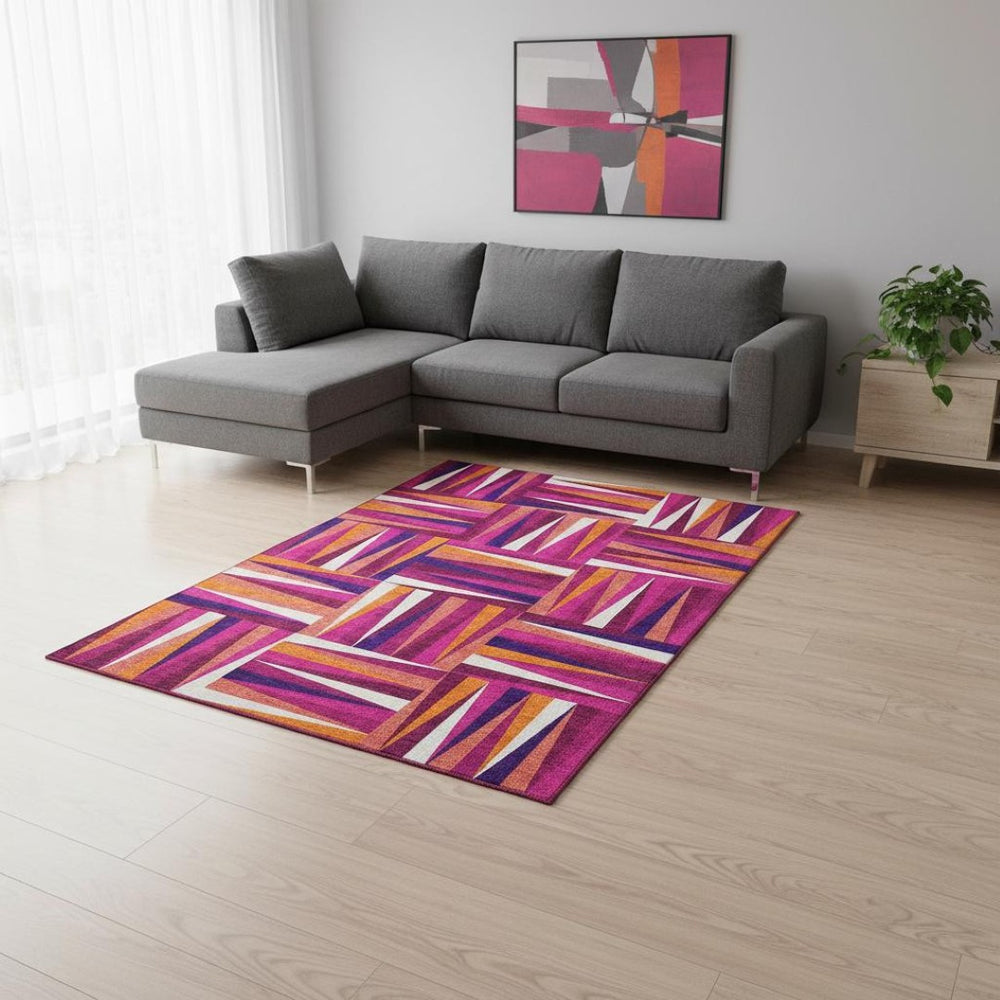 HomeRoots 10' X 14' Geometric Washable Area Rug in Burgundy, Purple & Orange - Stain Resistant & UV Protected! 679420