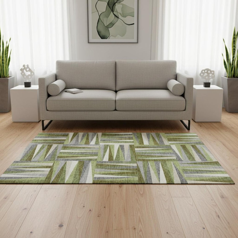 HomeRoots 5' X 8' Stylish Green, Ivory & Gray Geometric Washable Area Rug with UV Protection for Homes 679422