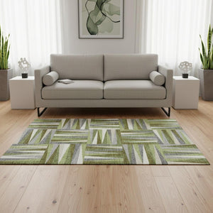 HomeRoots 5' X 8' Stylish Green, Ivory & Gray Geometric Washable Area Rug with UV Protection for Homes 679422