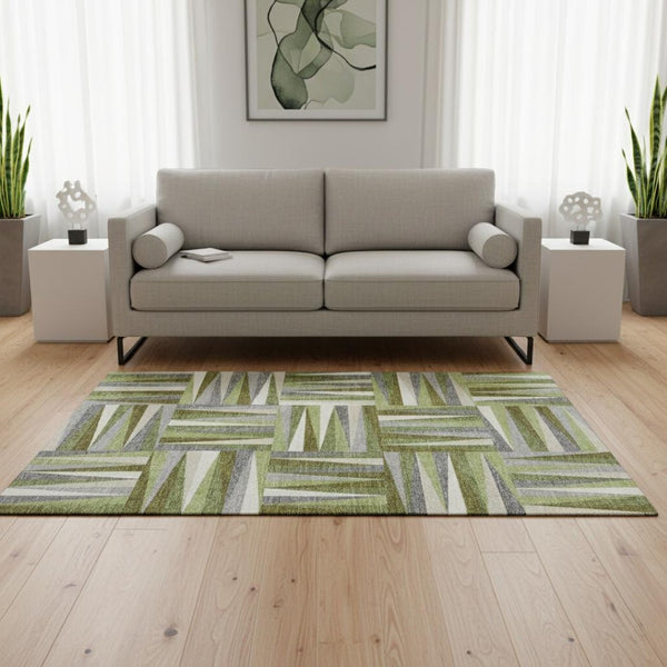 HomeRoots 5' X 8' Stylish Green, Ivory & Gray Geometric Washable Area Rug with UV Protection for Homes 679422