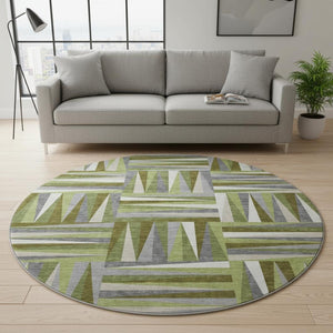HomeRoots 8' Modern Green Ivory Gray Geometric Round Rug - Washable, UV Protected, Stain Resistant Beauty 679423