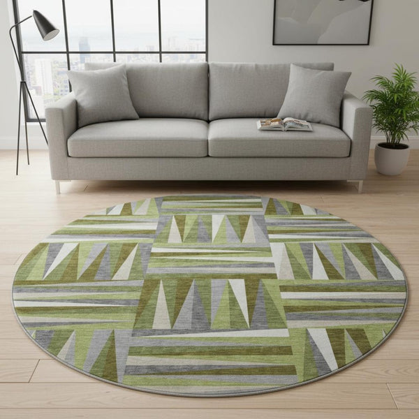HomeRoots 8' Modern Green Ivory Gray Geometric Round Rug - Washable, UV Protected, Stain Resistant Beauty 679423