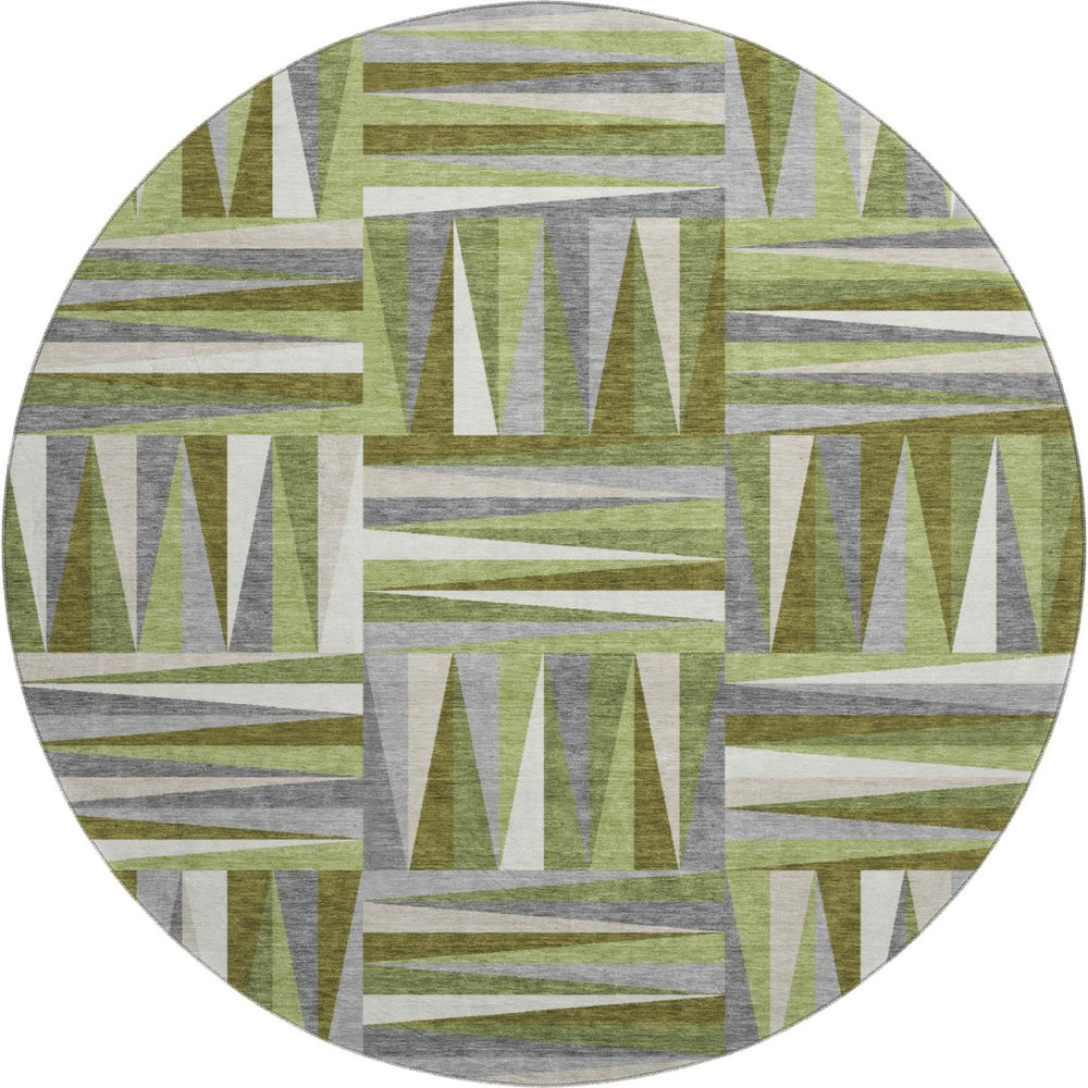 HomeRoots 8' Modern Green Ivory Gray Geometric Round Rug - Washable, UV Protected, Stain Resistant Beauty 679423