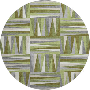 HomeRoots 8' Modern Green Ivory Gray Geometric Round Rug - Washable, UV Protected, Stain Resistant Beauty 679423
