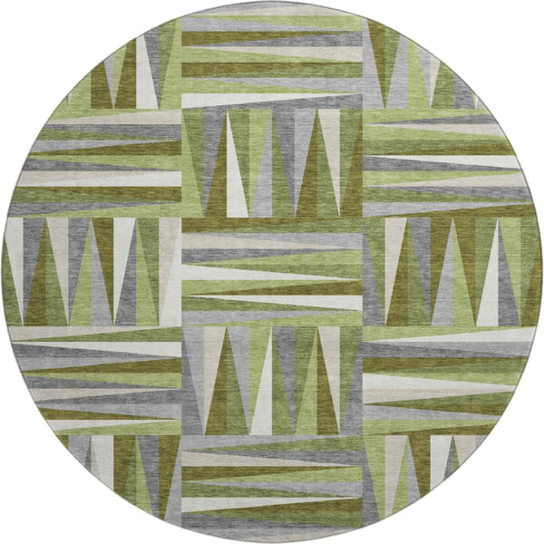 HomeRoots 8' Modern Green Ivory Gray Geometric Round Rug - Washable, UV Protected, Stain Resistant Beauty 679423