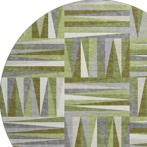HomeRoots 8' Modern Green Ivory Gray Geometric Round Rug - Washable, UV Protected, Stain Resistant Beauty 679423