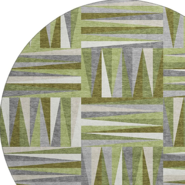 HomeRoots 8' Modern Green Ivory Gray Geometric Round Rug - Washable, UV Protected, Stain Resistant Beauty 679423