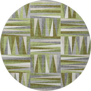 HomeRoots 8' Modern Green Ivory Gray Geometric Round Rug - Washable, UV Protected, Stain Resistant Beauty 679423