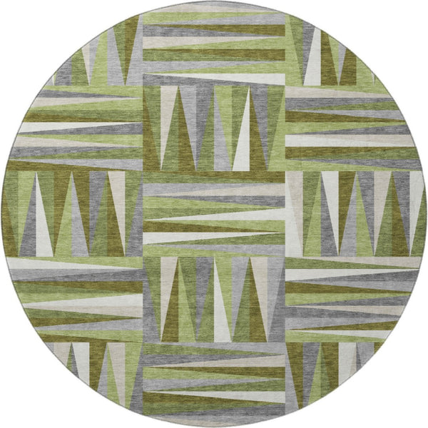 HomeRoots 8' Modern Green Ivory Gray Geometric Round Rug - Washable, UV Protected, Stain Resistant Beauty 679423