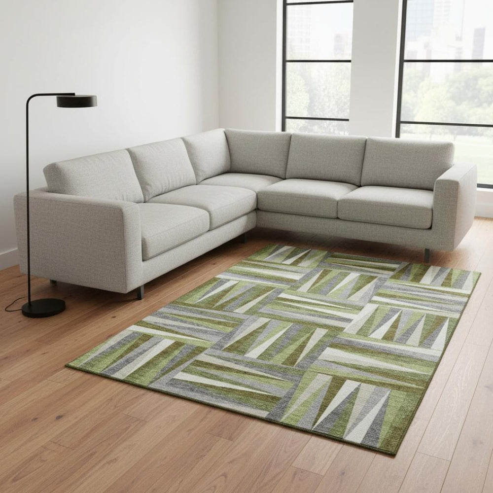 HomeRoots 8' X 10' Stylish Green Ivory & Gray Geometric Area Rug - Washable with UV Protection & Stain Resistance 679424