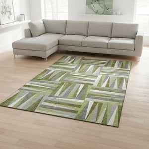 HomeRoots 9' X 12' Contemporary Green and Gray Geometric Washable Area Rug with UV Protection for Homes 679425