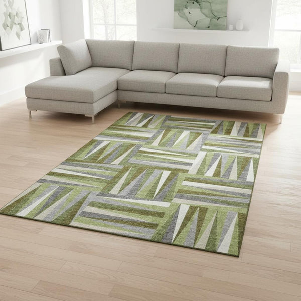 HomeRoots 9' X 12' Contemporary Green and Gray Geometric Washable Area Rug with UV Protection for Homes 679425