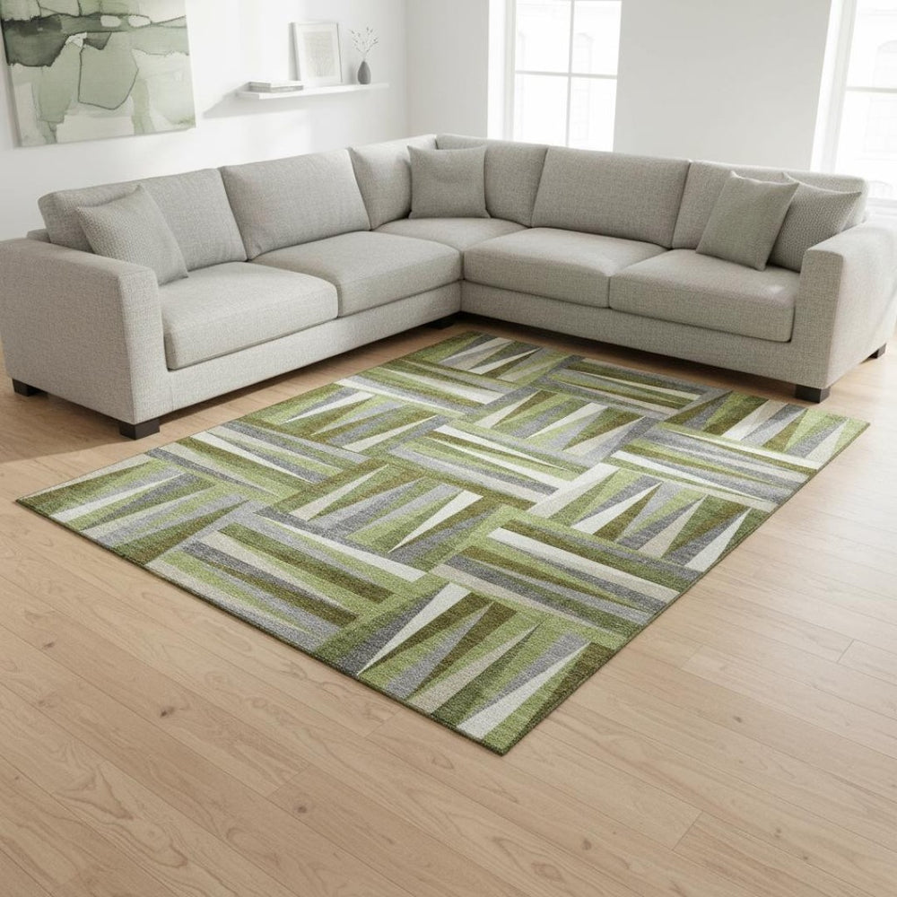 HomeRoots 10' Modern Washable Area Rug in Green, Ivory & Gray - Durable, Stain-Resistant with UV Protection 679426