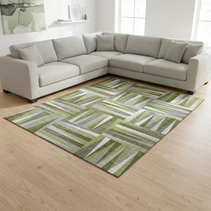 HomeRoots 10' Modern Washable Area Rug in Green, Ivory & Gray - Durable, Stain-Resistant with UV Protection 679426