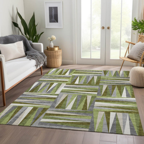 HomeRoots 10' Modern Washable Area Rug in Green, Ivory & Gray - Durable, Stain-Resistant with UV Protection 679426
