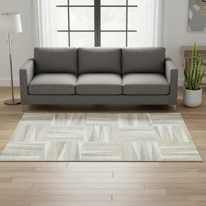 HomeRoots 5' X 8' Ivory and Beige Geometric Washable Area Rug – Stylish, Durable, UV-Resistant for High-Traffic Spaces 679428