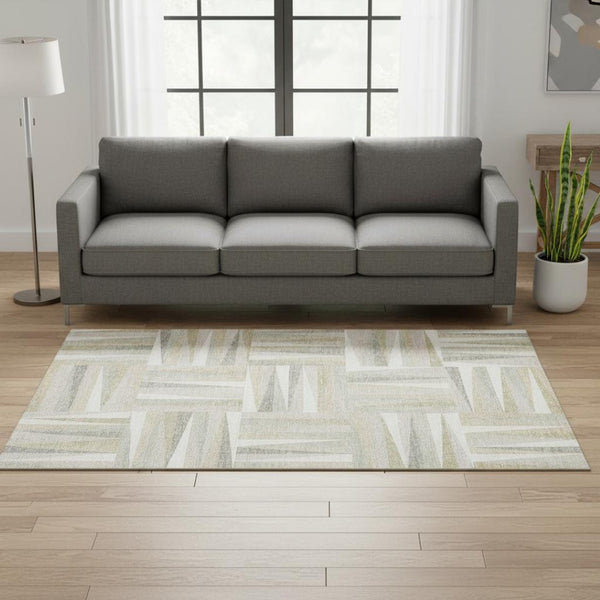 HomeRoots 5' X 8' Ivory and Beige Geometric Washable Area Rug – Stylish, Durable, UV-Resistant for High-Traffic Spaces 679428