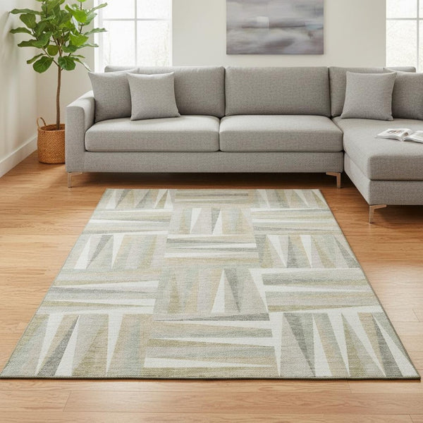 HomeRoots 8' X 10' Ivory And Beige Geometric Area Rug – Washable, UV Protected, Durable for High-Traffic Homes 679430