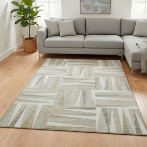 HomeRoots 9' X 12' Ivory and Beige Geometric Washable Area Rug - Durable, Stylish, UV-Protected for Busy Homes 679431