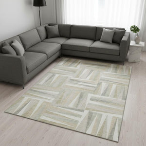 HomeRoots 10' X 14' Washable Ivory and Beige Geometric Area Rug with UV Protection for High-Traffic Homes 679432